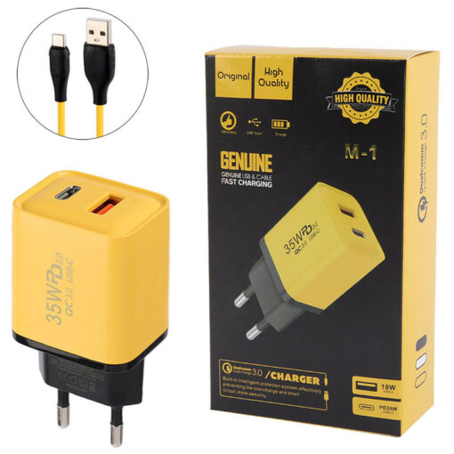 شارژر دیواری فست شارژ Genuine M-1 2Port QC3.0 PD3.0 3.4A 35W + کابل تایپ سی