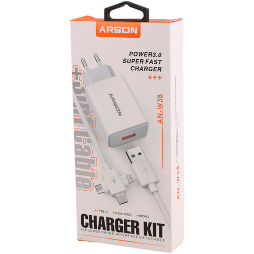 شارژر دیواری فست شارژ Arson AN-W3B QC3.0 PD 3A 18W + کابل 3 سر