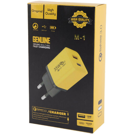 شارژر دیواری فست شارژ Genuine M-1 2Port QC3.0 PD3.0 3.4A 35W + کابل تایپ سی